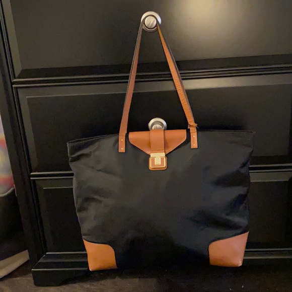 Tory Burch Black Nylon Tote/Camel Accents - Picture 2 of 16